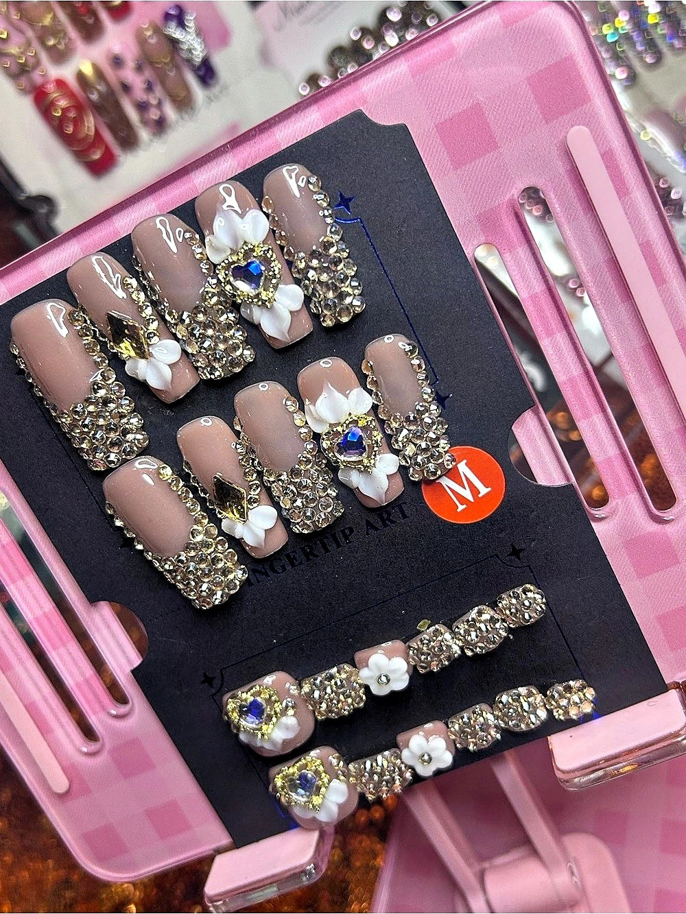 Embellished Press-On Nails in Pink & Brown